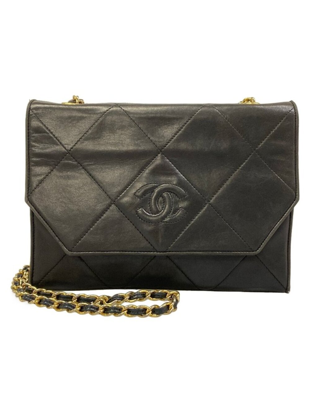 Chanel Shoulder Bag Quilted Black Chain Gold Lambskin